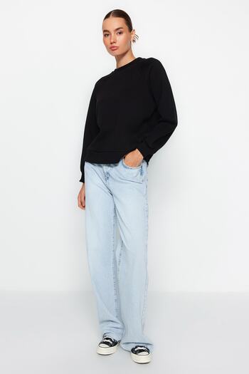Trendyol Collection Černá, uvolněný/pohodlný střih Základní raglánový rukáv Pletená mikina s výstřihem TWOAW24SW00104