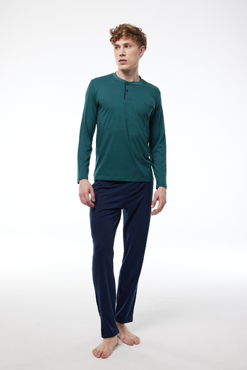 Malabadi Green Men's Pajama Set V-Neck Winter Long Sleeve Pajamas 6011