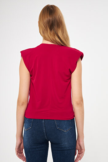vuvutasarım Padded Shoulders Flexible Sandy Fabric Scoop Neck Sleeveless Red Blouse 1009