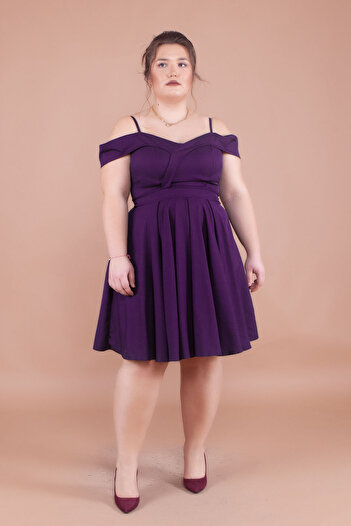 NO48 Plum Plus Size Mini Strap Off-Shoulder Detail Pleated Dress