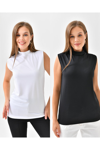 mirach Set 2 piese pentru atlet Bluză fără mâneci cu guler în picioare Tricou alb-negru Bluză cu mânecă zero pentru atlet