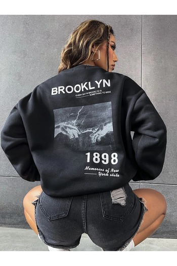 Mythologie Brooklyn 1898 Sweatshirt - Black Printed Oversize Sweatshirt Crew Neck