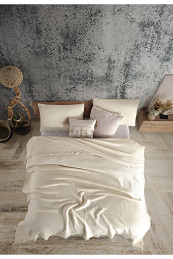 destinyhometex Ivory Color Single 180x240cm Bedspread/1 Piece 50x70cm Pillow 4 Layers Multi Muslin 100% Cotton
