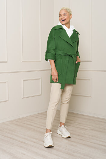KENT Women's Short Woolen Green Coat Stylish and Modern Design with Belt Wide Pockets