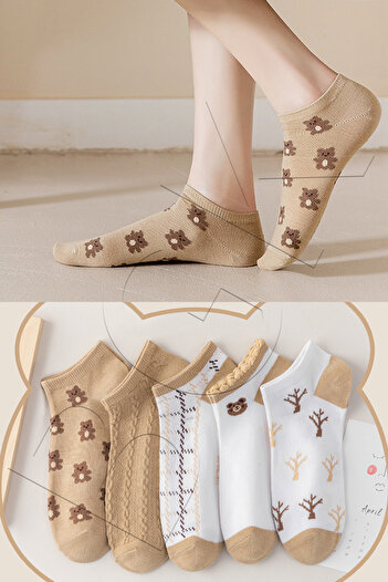 BGK 5 Pairs of Beige Bear Patterned Short Socks