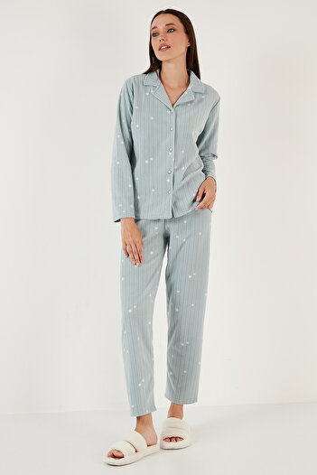 Lela Regular Fit Shirt Collar Front Buttoned Fleece Pajama Set PAJAMA SET 6571009