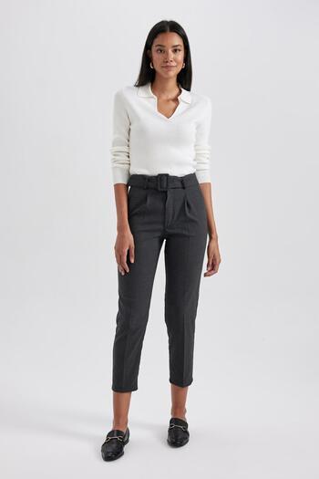 DeFacto Slim Fit Pants with High Waist Belt - Pockets Y4197Az23Au