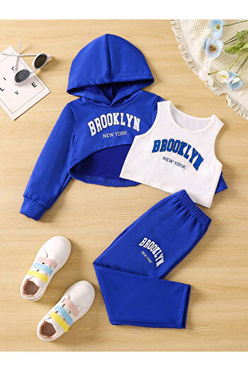 Machetta Kids Hooded Saks Blue 3-Piece Brooklyn White Strappy Crop Tracksuit Set