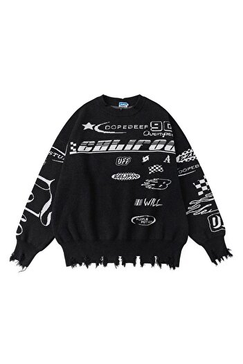 Touz Moda Race Flag Unisex Oversize Black Sweater