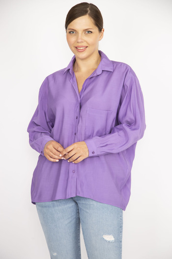 Şans Women's Large Size Lilac Poplin Fabric Buttoned Front Long Tunic 65N36797