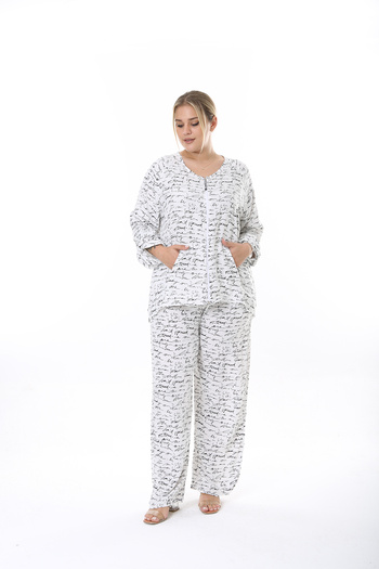 XL Modam WOMEN'S LARGE SIZE WOVEN VISKOSE WHITE PATTERNED DOUBLE SET