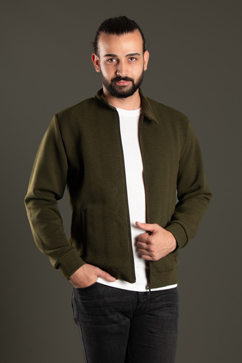 ZEKİ ÖZER MEN'S KHAKI PATTERNED CARDIGAN