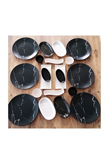 Demet Çeyiz Set Breakfast 20 Pieces Black Marble Pattern for 6 People