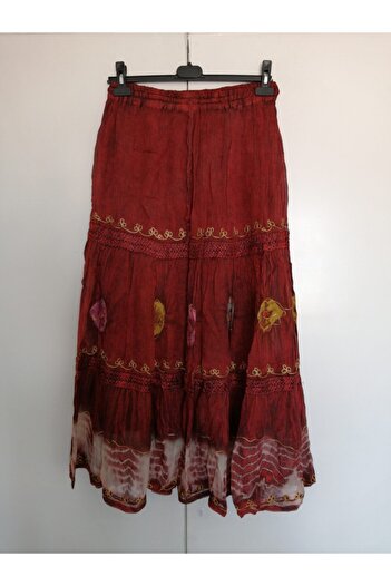 Butik Tülin Otantik Krep Şifon Kırmızı Batik Uzun Hint Etek