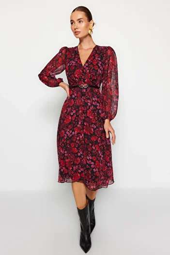 Trendyol Collection Rochie din șifon cu model boho, cu decolteu în formă de A, cu centură, rochie midi țesută TWOAW24EL00660