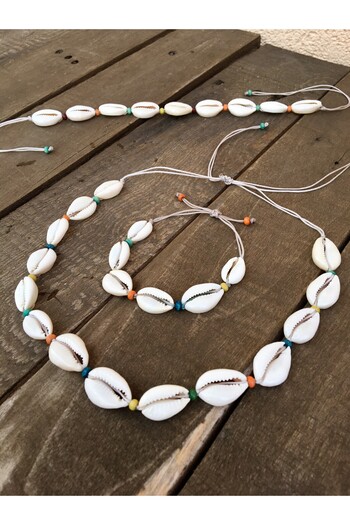 özde dekor Beaded, Sea Shell 3-Piece Jewelry Set (NECKLACE&HALS&BRAcelet) Beige String