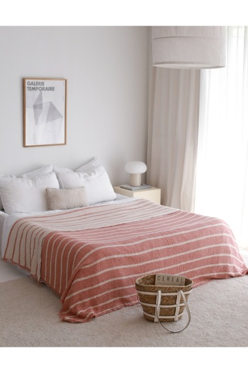 YASEMİNİNEVİ Brick Color - Striped Single Muslin Bedspread / Pique Set (1 Pillow Case)