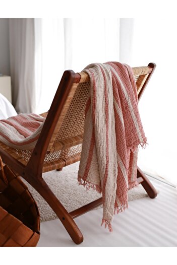 YASEMİNİNEVİ Brick Color - Striped Single Muslin Bedspread / Pique Set (1 Pillow Case)