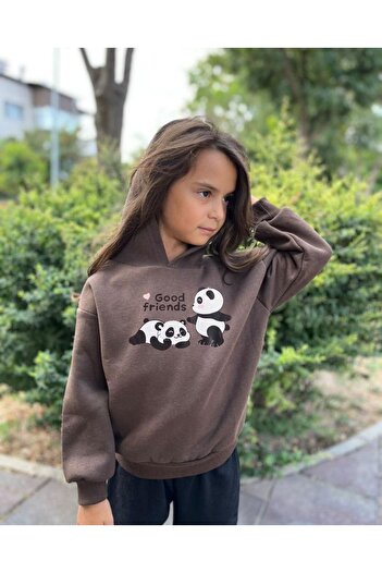 MORNİNG KİDS Кафяв суитшърт Good Friends с качулка за момиче с щампа Panda