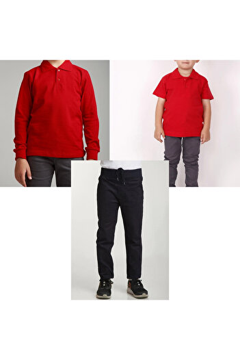 FATELLA Unisex çocuk okul ribana bel pantolon - kırmızı kısa kol uzun kol Polo yaka tişört 3lü takım