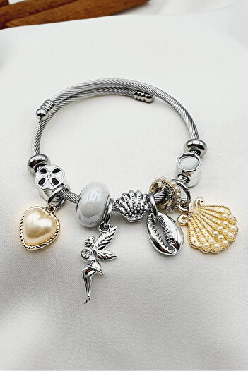 The Collection Tarnish Resistant White Seashell Charm Style Steel Bracelet