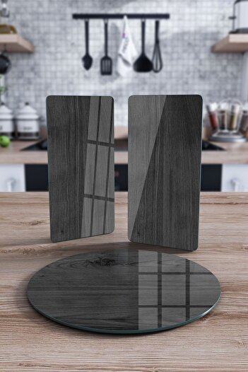Decovetro Round Set of 3 Black Wooden Patterned Glass Presentation Serving Plate