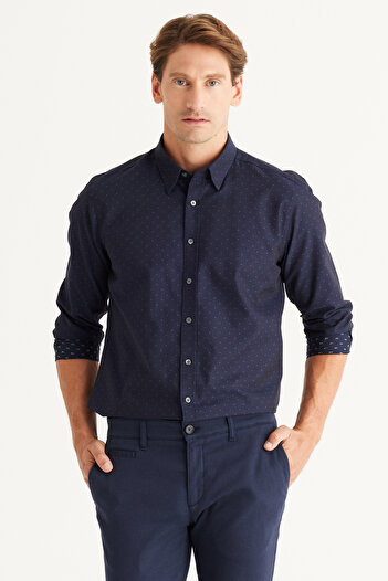 ALTINYILDIZ CLASSICS Men's Navy Blue Slim Fit Narrow Cut Hidden Button Collar 100% Cotton Shirt