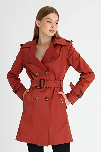 Sporting Women's Brick Red Coated Lined Waterproof Belted Trench Coat
