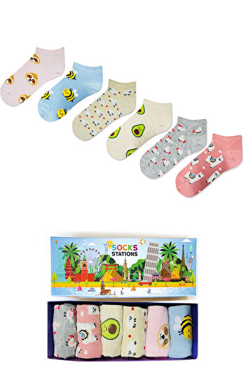 Socks Stations Унисекс светли чорапи с шарки, кутия от 6 броя
