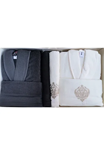 Özdilek Alize Family Bathrobe Set Anthracite-Cream/Beige