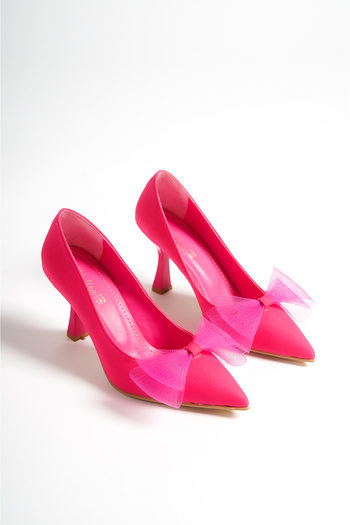Moda Değirmeni Fuchsia Satin Women's Tulle Bow Heeled Shoes BG1168-119-0001