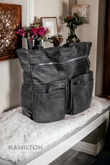 HAMILTON Original Women's Shoulder and Handle Double Handled Soft Leather Large Size Mother Shoulder Bag with Two Eyes and Two Pockets