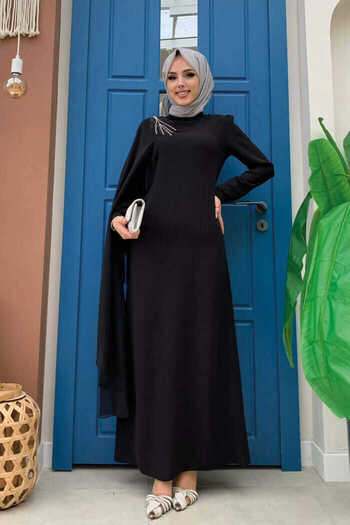 Bym Fashion One Sleeve Chiffon Cape Shoulder Embroidery Detail Evening Dress 3796 Black