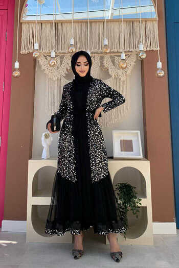 Bym Fashion Λεπτομέρεια κέντημα τούλι με παγιέτα Abaya 7376 Ασημί