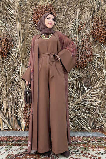 Bym Fashion Σετ ολόσωμη φόρμα με μοτίβο Abaya μονόχρωμη τσέπη με ζώνη μηδενικού μανίκι 8312 καφέ