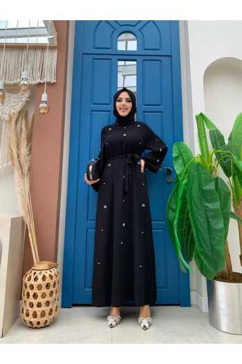 Bym Fashion Πέτρινο φόρεμα με ζώνη με λεπτομέρεια στη μέση 3797 Μαύρο