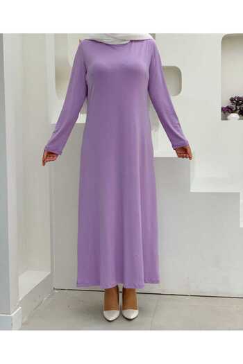 Bym Fashion Απλό φόρεμα με μακρυμάνικη λαιμόκοψη εσωτερικά αμμώδη 3202 λιλά