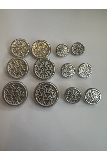 aensia Triangular Embossed Design Button on Silver Silver - Pack of 12 (6 Large+6 Small)