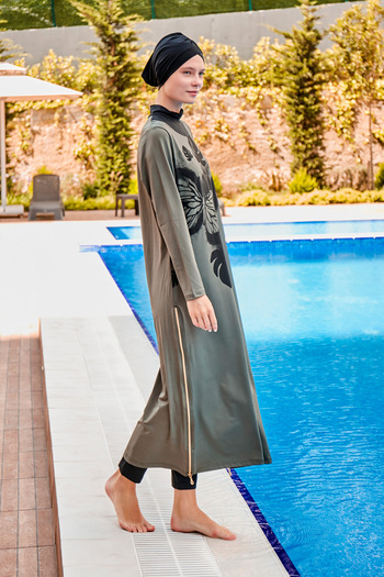 Marina Μαγιό Hijab 4 τεμαχίων με μοτίβο φύλλων χακί πλήρως καλυμμένο με φερμουάρ M2021