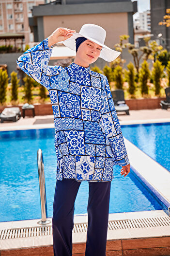 Marina Navy Blue Tile Patterned Fully Covered Hijab Swimsuit 1950