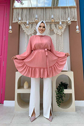Bym Fashion Φούστα Pleat Look Waist Belted Pleated Tunic 2673 Πούδρα