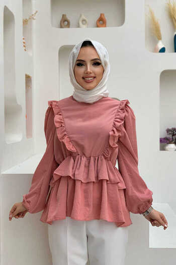 Bym Fashion Ruffle Detail Elastic Waist Floor Blouse 5207 Πούδρα