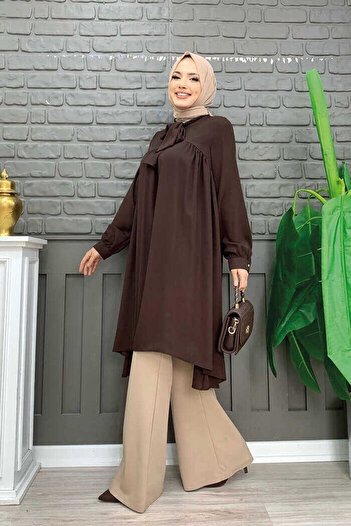 Bym Fashion Γιακάς Λεπτομέρεια ουρά μανίκι Σιφόν τουνίκ 2454 Καφέ