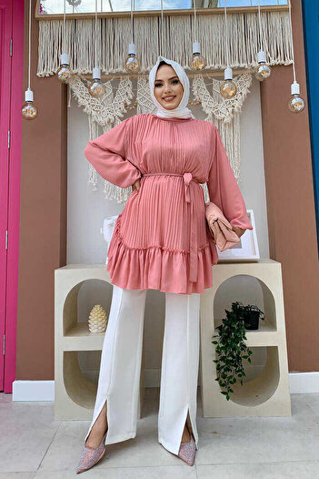 Bym Fashion Φούστα Pleat Look Waist Belted Pleated Tunic 2673 Πούδρα