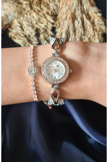 Polo Air Elegant Vintage Women's Wristwatch Zircon Stone Bracelet Combination Silver and Copper Color