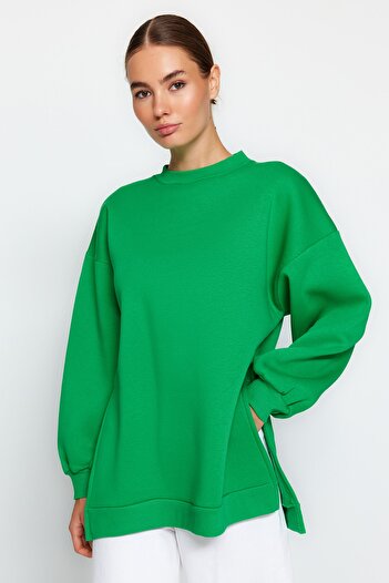 Trendyol Collection Světle zelená Oversize/Wide Fit Rozparek Detailní Silný fleece Uvnitř pletená mikina TWOAW23SW00195