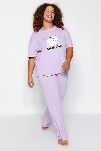 Trendyol Curve Lilac Printed Knitted Pajamas Set TBBAW24AI00003