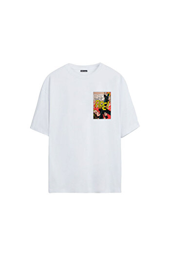 THEWERT Unisex Fire Text Comic Printed White Oversize Tshirt