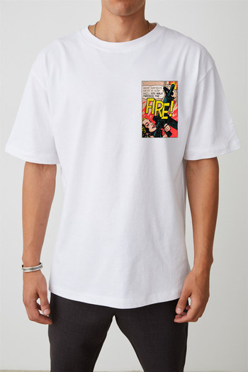 THEWERT Unisex Fire Text Comic Printed White Oversize Tshirt