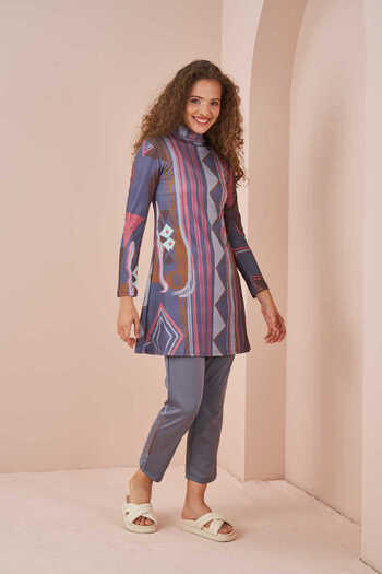 Mevra Maldivian Ethnic Pattern Hijab Swimsuit Set Gray